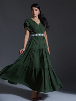Twenty Dresses by Nykaa Fashion - Bottle Green Solid V Neck Ruffled Belted Maxi Dress (Set of 2)