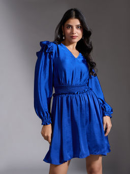 Twenty Dresses by Nykaa Fashion - Midnight Blue Solid Ruffled Bishop Sleeve Mini Dress