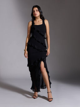 Twenty Dresses by Nykaa Fashion - Black Solid Square Neck Ruffled Sheath Maxi Dress