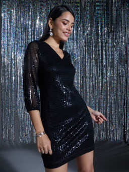 Twenty Dresses by Nykaa Fashion - Party Black Sequin V Neck Sheath Mini Dress