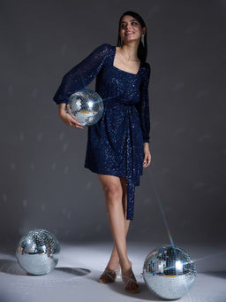Twenty Dresses by Nykaa Fashion - Party Blue Sequin Square Neck Mini Belted Dress (Set of 2)