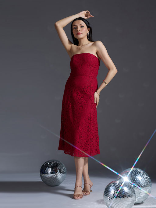 strapless open back dress Jacqui Ruched Front Midi Dress main image 0