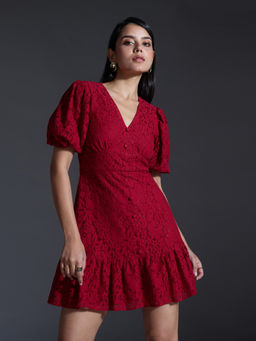 Twenty Dresses by Nykaa Fashion - Party Red Lace Textured V Neck Short Puff Sleeves Mini Dress