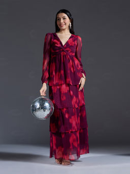 Twenty Dresses by Nykaa Fashion - Party Red Chiffon Abstract Print Full Puff Sleeves Gown