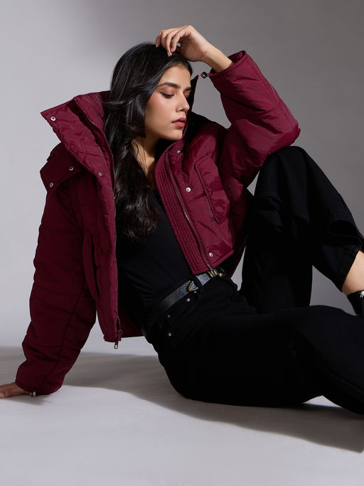Buy Twenty Dresses by Nykaa Fashion Wine Solid Hooded Quilted