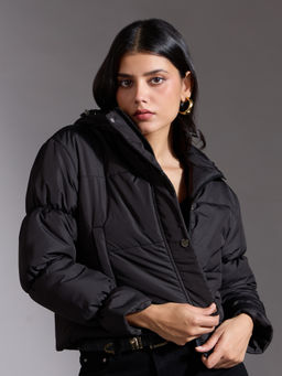 Twenty Dresses by Nykaa Fashion - Black Solid Hooded Quilted Crop Puffer Jacket