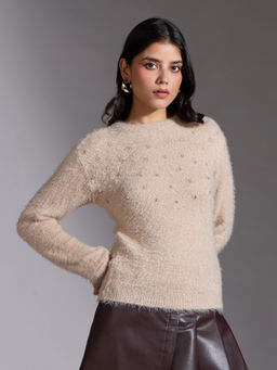 Twenty Dresses by Nykaa Fashion - Ivory Studded Round Neck Full Sleeves Sweater