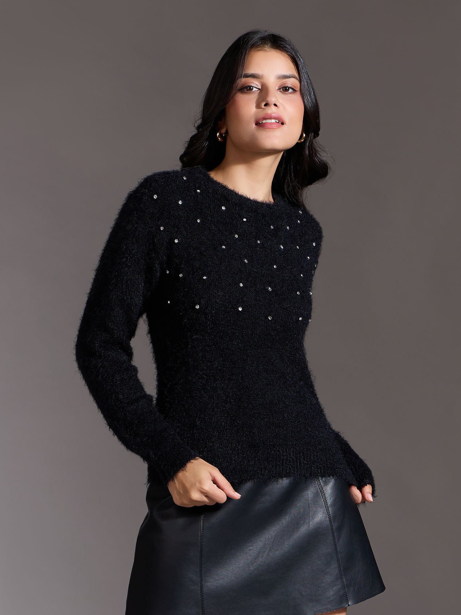 Black Studded Round Neck Full Sleeves Sweater-image-5
