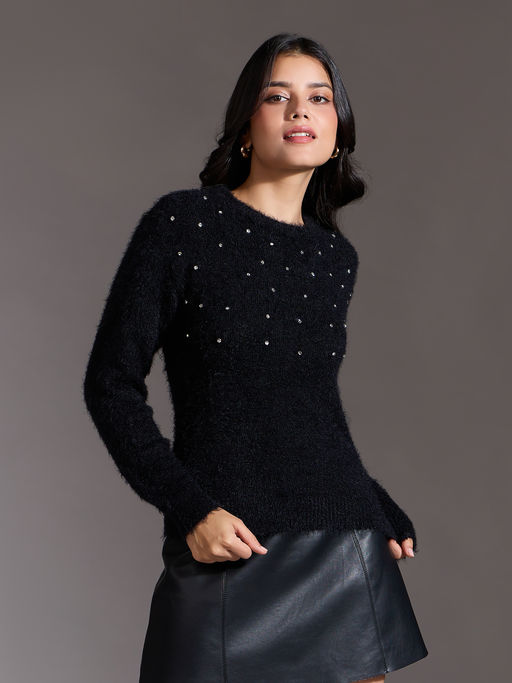 Twenty Dresses by Nykaa Fashion Black Studded Round Neck Full Sleeves Sweater