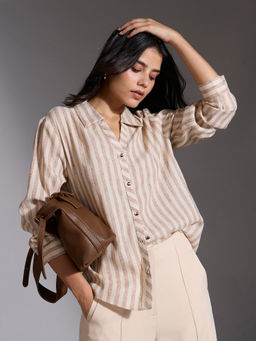 Twenty Dresses by Nykaa Fashion - Beige and White Striped Full Sleeves Straight Shirt