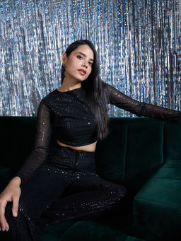 Twenty Dresses by Nykaa Fashion - Party Black Sequin Round Neck Full Sleeves Crop Top