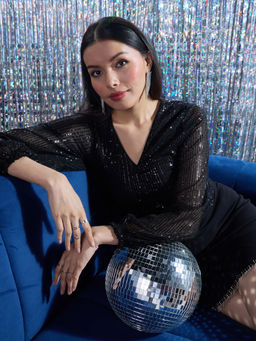 Twenty Dresses by Nykaa Fashion - Party Black Sequin V Neck Full Puff Sleeves Bodysuit