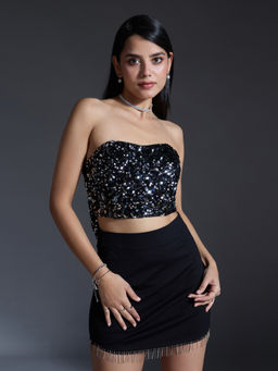 Twenty Dresses by Nykaa Fashion - Party Black and Silver Sequin Tube Neck Bow Detail Crop Top