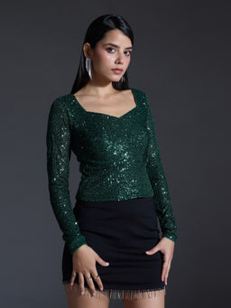 Twenty Dresses by Nykaa Fashion - Party Green Sequin Sweetheart Neck Full Sleeves Top