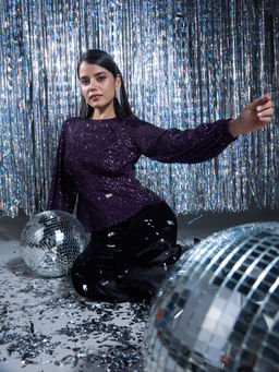 Twenty Dresses by Nykaa Fashion - Party Purple Sequin Round Neck Full Puff Sleeves Peplum Top