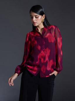 Twenty Dresses by Nykaa Fashion - Party Red Chiffon Abstract Print Puff Sleeves Straight Shirt