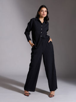 Twenty Dresses by Nykaa Fashion - Black Textured Shirt Straight Pants Co Ord Set (Set of 2)