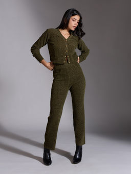 Twenty Dresses by Nykaa Fashion - Olive Green V Neck Cardigan Mid Waist Straight Pant (Set of 2)