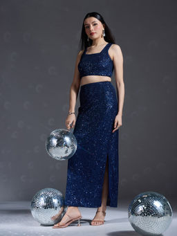 Twenty Dresses by Nykaa Fashion - Party Blue Sequins Crop Top Sheath Maxi Skirt (Set of 2)