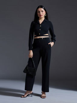 Twenty Dresses by Nykaa Fashion - Party Black Lapel Collar Crop Top High Waist Pant (Set of 2)