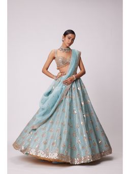Vvani by Vani Vats - Blue Embroidered Lehenga with Blouse and Dupatta (Set of 3)