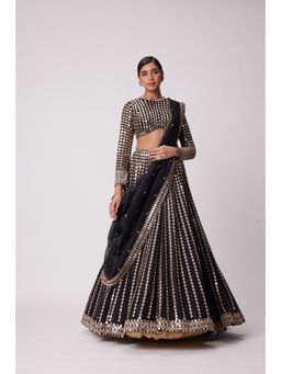 Vvani by Vani Vats - Black Linear Mirror Lehenga with Blouse and Dupatta (Set of 3)