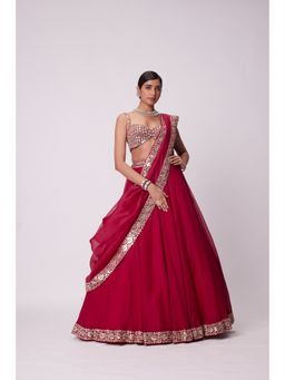 Vvani by Vani Vats - Red Embroidered Lehenga with Blouse and Dupatta (Set of 3)