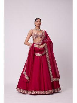 Vvani by Vani Vats - Red Lehenga with Blouse and Dupatta (Set of 3)