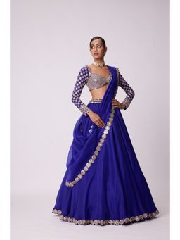 Vvani by Vani Vats - Blue Embroidered Lehenga with Blouse and Dupatta (Set of 3)