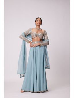 Vvani by Vani Vats - Blue Flared Palazzo with Blouse and Dupatta (Set of 3)