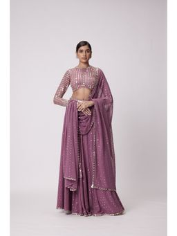 Vvani by Vani Vats - Mauve Embroidered Flared Palazzo with Blouse and Dupatta (Set of 3)