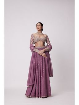 Vvani by Vani Vats - Mauve Mirror Flared Palazzo with Blouse and Dupatta (Set of 3)