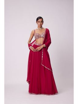 Vvani by Vani Vats - Red Flared Palazzo with Blouse and Dupatta (Set of 3)