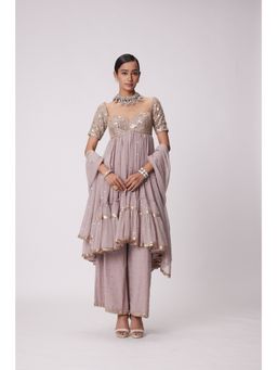 Vvani by Vani Vats - Ash Pink High Low Kurta with Palazzo and Dupatta (Set of 3)