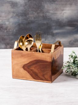 Nestroots - Inseparables Teak Wood Cutlery Holder - Gold