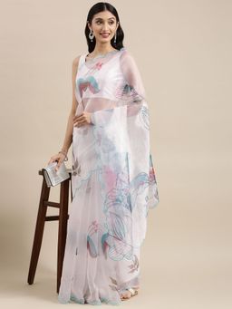 Vastranand - White Organza Party Wear Saree With Foil Print Flower Butta with Unstitched Blouse