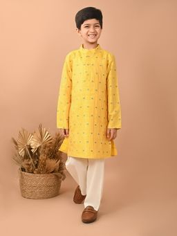 Lilpicks - All Over Printed Mandarin Collar Straight Kurta Yellow White (Set of 2)