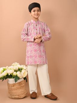 Lilpicks - Ethnic Motif Printed Mandarin Collar Straight Kurta Pink (Set of 2)