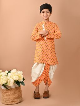 Lilpicks - Ethnic Motifs Printed Tapered Dhoti Kurta Orange (Set of 2)
