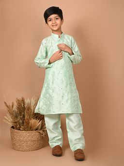 Lilpicks - Embroidered Button Down Straight Mandarin Collar Kurta Sea Green (Set of 2)