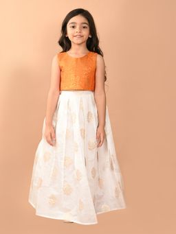 Lilpicks - Embossed Sleeveless Blouse with Batik Printed Lehenga Orange White (Set of 2)