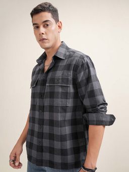 LOCOMOTIVE - Men Grey Checked Front Pocket Oversized Overshirt