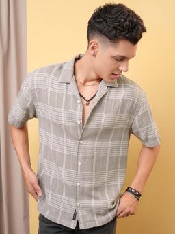 LOCOMOTIVE - Men Beige Checked Cuban Collar Oversized Shirt