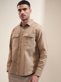 LOCOMOTIVE - Men Beige Dyed Washed Front Pocket Overshirt