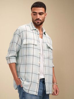 LOCOMOTIVE - Men Blue Waffle Dobby Checked Front Pocket Oversized Overshirt