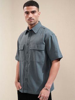 LOCOMOTIVE - Men Blue Dusty Mocklino Dobby Solid Front Pocket Oversized Shirt
