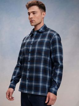 LOCOMOTIVE - Men Navy Blue Checked Front Pocket Oversized Overshirt