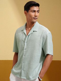LOCOMOTIVE - Men Green Knitted Jacquard Cuban Collar Oversized Shirt