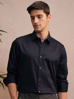 LOCOMOTIVE - Luxe Men Navy Blue Satin Solid Evening Party Shirt