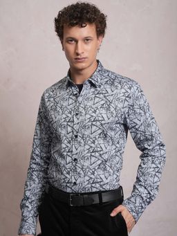 LOCOMOTIVE - Blue Luxe Slim Fit Geometric Printed Satin Party Shirt